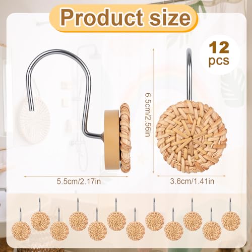 12 stuks Boho Knoppen Douche Gordijn haken, Decoratieve geweven Rattan Douche Gordijn Ringen Boerderij en kuststijl Badkamer Hangers Accessoires voor standaard Rod