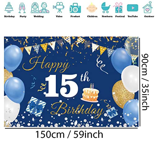 15e Verjaardag Decoraties voor jongens / meisje, 15 jaar oude achtergrond Banner Stof Tekenposter, Gelukkig 15e Verjaardag Partij levert Blauwe Fotografie Achtergrond Welkom Teken, 150cmx90cm