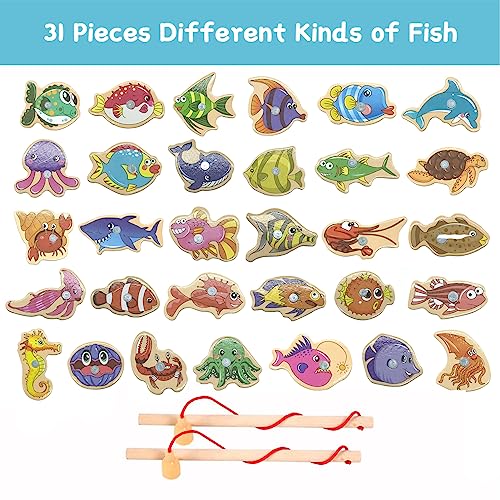 Magnetisch Houten visspel, 31 Houten veiligheidsspellen voor kinderen met 2 magnetische visstokjes voor jongens en meisjes vanaf 3 jaar voor verjaardagsfeest 5