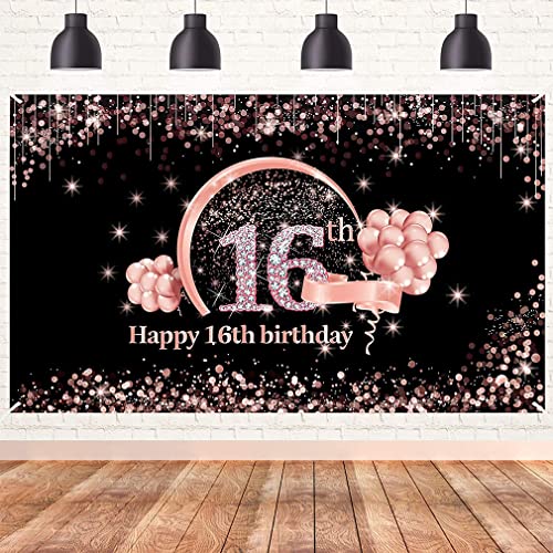 16th Birthday Girl Decoration - Banner Black and Rose Gold, Happy Birthday Fabric Sign Poster, Achtergrond voor verjaardag partij