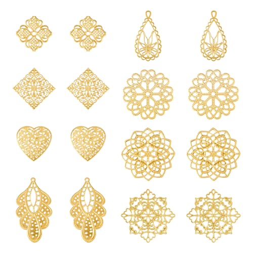 48st Filigraan Joiners Gold Flower Heart Iron Link Charms Hollow Metal Vintage Wrap Connector voor ketting Vrouwen bengelen oorbellen ambachtelijke sieraden maken DIY haarspeld versiering,, metaal, Nee