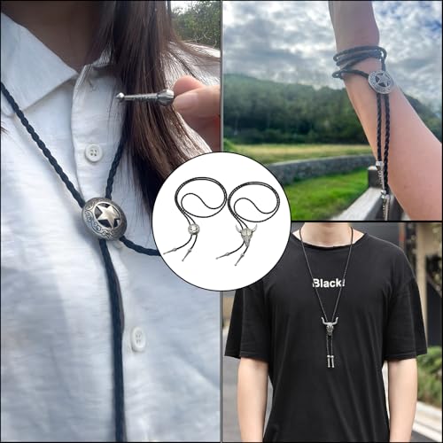 2 stukken bolo tie cowboy kostuum mannen, cowboy vest mannen, lederen rodeo hanger, westerse outfit vrouwen, cowboy shirt mannen, bolo stropdas mannen, cowboy vest, cowboy accessoires voor vrouwen en mannen, zwart 5