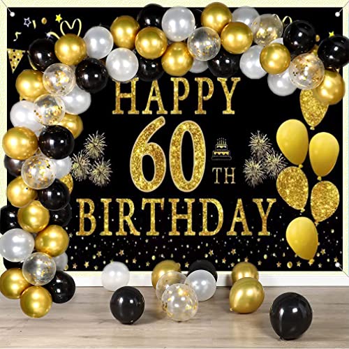 60e verjaardag Decoratie voor mannen / vrouwen 60e Verjaardagsstof Tekenposter 60th Birthday Party Achtergrond Banner Verjaardag Decoratie zwart en goud 150cm x 90cm 3