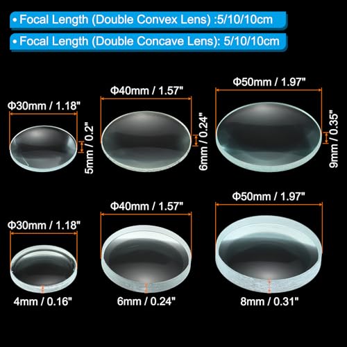 5cm, 10cm brandpuntsafstand dubbele bolle en 7,5cm, 10cm brandpuntsafstand dubbele concave lens 1 set, 6st glas optisch gepolijste ronde randen lens, helder
