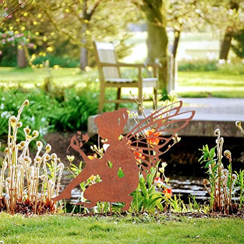 FCHMY metalen sprookje Silhouette Beeldhouwkunst, Elfen Zittende Tuin Tuin Decoratie Rust Look, Meisje Silhouette Garden Standbeeld voor Tuin, Patio Balkon Bloem Pot 5