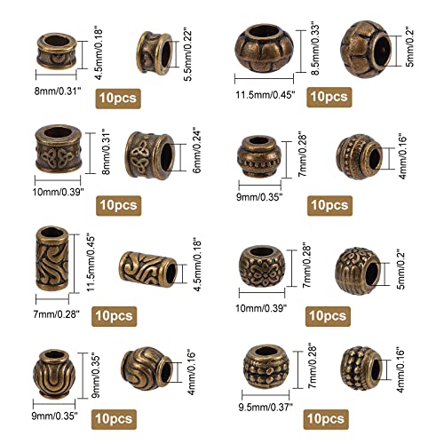 80st 8 Styles Legering Europese kralen, Tibetaanse antieke bronzen afstand kralen Charm Grote gaten ketting kralen voor doe-het-zelf sieraden maken, Gat: 5.5mm 5