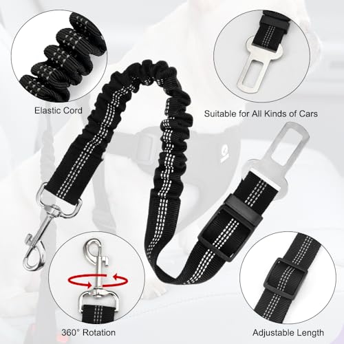 Hondentuig met veiligheidsgordel voor auto, zacht ademend mes, honden veiligheidsgordel voor auto, verstelbare elastische band, autostoelgordel honden, 53-74 cm, voor autostoel bevestiging (zwart, S 4