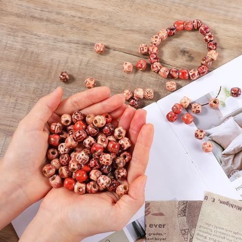 200st Geschilderde houten kralen met groot gat Natural Wood kralen voor Strijken Diverse patronen kralen Haar vlecht kralen voor DIY ketting, armbanden 5