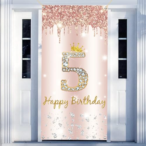 5e verjaardag meisje decoratie, gelukkig 5e verjaardag deur Banner Rose Gold, 5e verjaardag stof teken poster deur decoratie, 5e verjaardag achtergrond Banner, verjaardag partij welkom tekenen