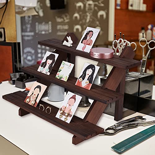 3 lagen retail oorbellen display riser, koffie kleur oorbellen ring houder afneembare onbehandelde houten sieraden kaarten retail tentoonstelling stand met groef voor ambachtelijke 4