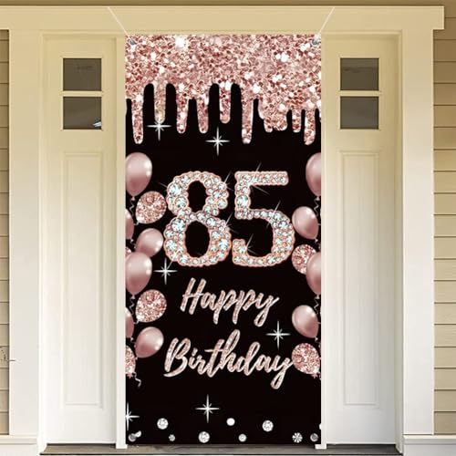 85e Verjaardag Decoraties voor vrouwen, Gelukkig 85 jaar oude stof Tekenposter Rose Gold Achtergrond Deur Banner, 85e Verjaardag Partij Levert Foto Achtergrond Welkom Teken, 180cmx90cm 5