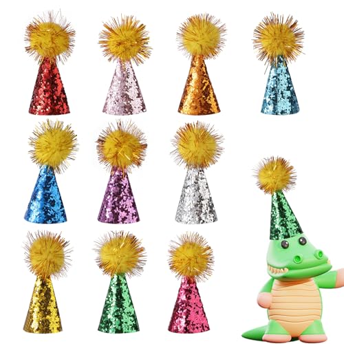 10 st. Mini party hoeden voor gevulde speelgoed, hond katten verjaardag hoed kleine cone hoeden met glitter pompoms voor speelgoed dinosaurussen ambachten kinderen partij decoraties kostuum accessoires