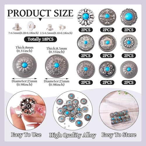 18 st Schroeven terug Knoppen Grave Bloem patroon Legering Decoratieve knop Deep Sky Blue Imitatie Turquoise Retro Schroef Rives voor tas lederen ambachten