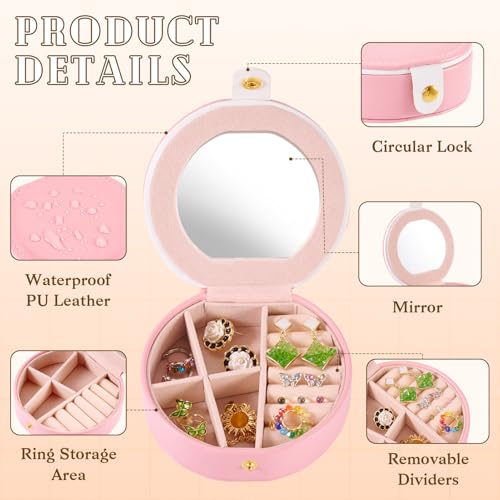 Draagbare sieraden doos met spiegel Ronde Mini lederen reis sieraden dozen ringen oorbellen geval kleine sieraden Circular Lock Organizer voor vrouw sieraden, roze 3