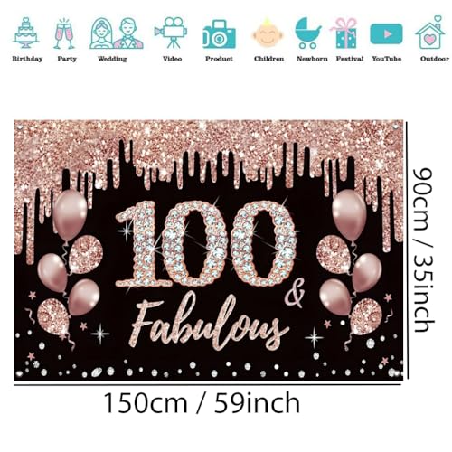 100e verjaardag decoratie voor vrouwen, 100e verjaardag decoratie zwart en roos goud glitter vlekken stof schild poster, 100e verjaardag achtergrond banner vrouw 100e verjaardag feest decoratie