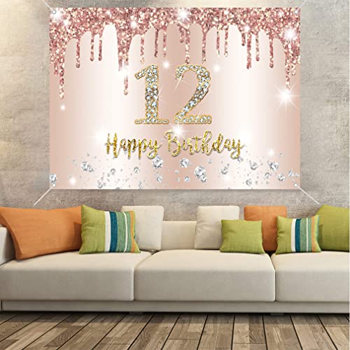 12e verjaardag meisje decoratie, twaalfde verjaardag Banner Rose Gold, gelukkig 12 verjaardag stof sign poster, 12e verjaardag achtergrond Banner meisje verjaardag partij decoratie 5