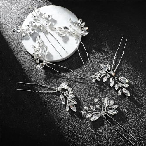 6 stuks zilveren bladsteen Haarspelden Bruid kristal haar accessoires U vorm haar Clip voor bruiloft feestbal bruidsmeisjes bloem meisje 4