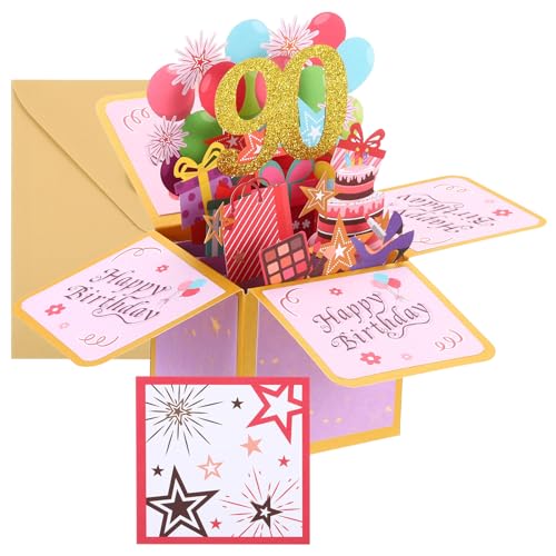 Verjaardagskaart 90e verjaardag, verjaardagskaart Cadeaukaart Grappig Gelukkige verjaardag Sweet 3D met wenskaart en envelop, gouden foil