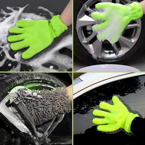Verpakking van 2 autowashandjes met elastische riem Microvezelhandschoenen voor auto, dubbelzijdig autowashanddoek, 5 vingers voor auto wassen, motorfiets, ontstoffing 30 x 21 cm 5