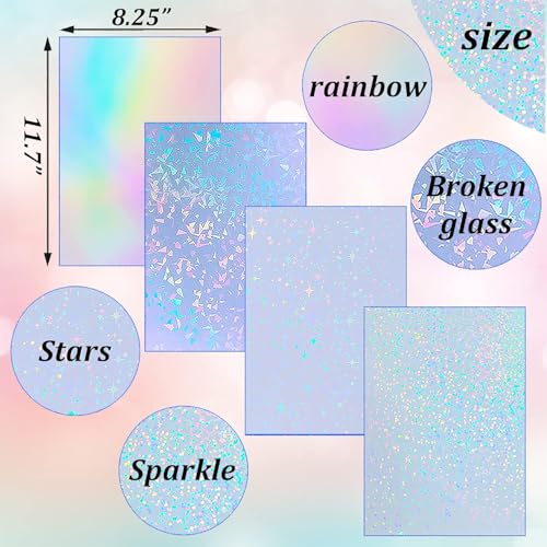 Zee 20 Sheets Holografische Sticker papier Clear A4 Vinyl Sticker Papier Zelfklevende Waterdichte Transparante Film met Edelsteen Spot Rainbow Star patronen, 11,7 x 8,3 inch (Gem, Dot, Kleurrijk, Ster)