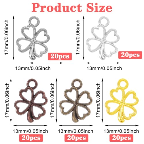 100 st. Vier Clover Charm Hangers, 5 kleuren, kleine zinklegering, oorbellen, ketting, armband, hanger, DIY ambachten, sieraden, ornamenten