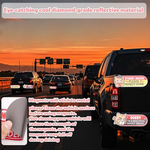 3st Student Driver Magneet voor Auto, 25x9cm Grappig Roze Reflectieve Magnetische Bumper Stickers voor Beginners Leuke Kat Veiligheid Teken Newbies Weerbestendig & afneembare 5