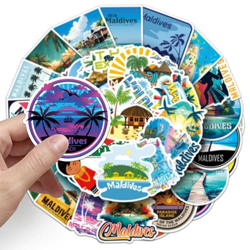 Malediven Malediven Stickers voor jongeren en volwassenen, 50 stuks, vinyl stickerset, auto, motorfiets, fiets, skateboard, snowboard, bagage, laptop, koffer, helm, motorfiets, computer