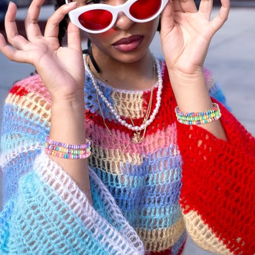 6 st Heishi kralen armbanden voor vrouwen polymeer klei stretchy surfer armband gemengde kleur stapelbare sieraden boho zomer strand armband, 3-1-8 inch binnendiameter, geen edelsteen,, Geen edelsteen