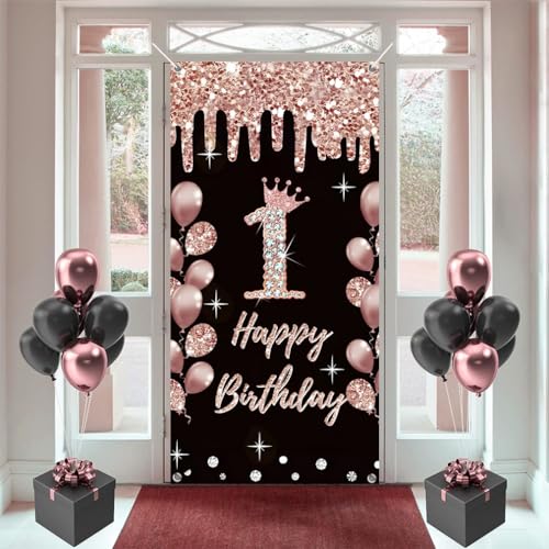 1e verjaardag decoratie voor meisjes gelukkig 1e verjaardag poster deur banner zwart en roze stof teken muur / deur banner 1e verjaardag achtergrond banner meisjes verjaardag feest welkom teken
