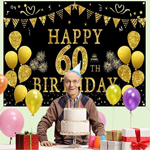 60e verjaardag Decoratie voor mannen / vrouwen 60e Verjaardagsstof Tekenposter 60th Birthday Party Achtergrond Banner Verjaardag Decoratie zwart en goud 150cm x 90cm 5