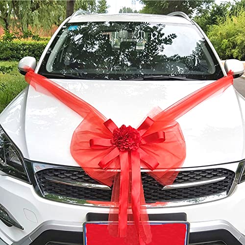 Organza Auto Decoratie Bruidspaar bruiloft auto boog grote auto boog tulle Bow decoratieve boog voor auto bruiloft nieuw partij Valentijnsdag bruidsauto decoratie rood A