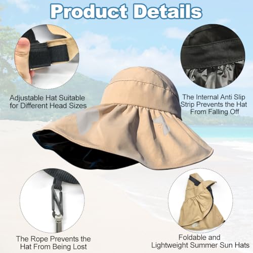 Brede zonnehoeden voor vrouwen met mouwen, opvouwbare zomerhoed voor reizen en UV-bescherming handschoenset, lichtgewicht Travel Accessoires voor buitenactiviteiten, Beige, One Size, beige, One size 4