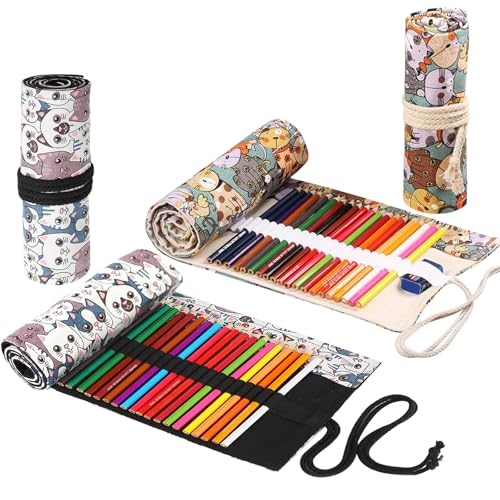 2 Stukken Canvas Roll Up Potlood Case 36 Gaten voor gekleurde potloden met grote capaciteit, Pouch houder Portable Roll Up Pen Houder, Canvas Potlood Roller voor gekleurde potloden, Penselen, Tekening