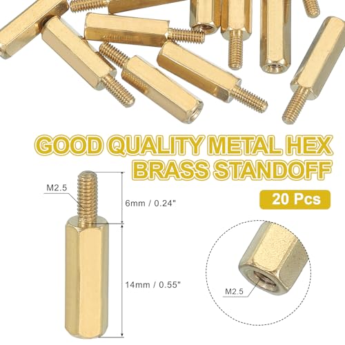 M2,5 x 14 + 6 mm zeskantige afstandsbouten met binnendraad van messing, 20 stuks voor FPV-drone-quadcopter-PCB-moesbord-stalen schroefmoerset, computer, elektrosch, goud