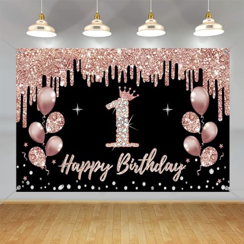 1e verjaardag decoratie voor meisjes, feest decoratie zwart en rose goud, 1e verjaardag stof teken opknoping poster, 1e verjaardag achtergrond banner partij welkom teken