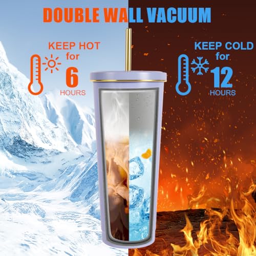 herbruikbare beker met strodeksel, 304 roestvrij staal met deksel en stro dubbelwandig reisbekertje, paars 4