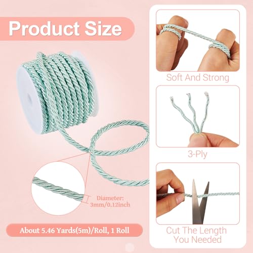 3mm Polyester Twisted Cords 3 Lagen Polyester Touw Decoratieve Touw Glanzend voor ophangen Decoratie Gordijnen Band Back Bag Trekkoorden Home Decor, Licht Groen 4