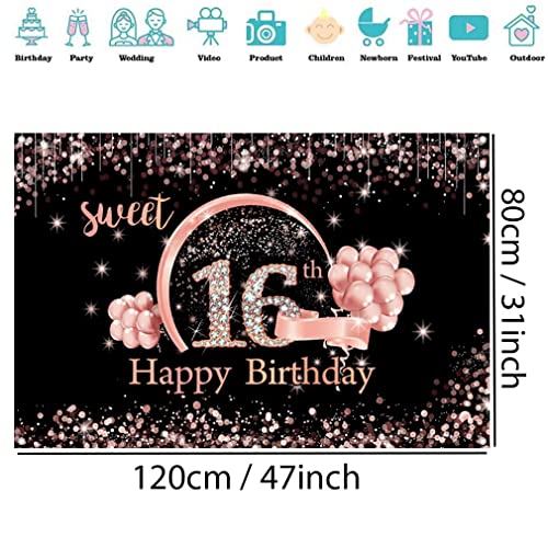 Sweet 16th Birthday Decoration - Banner Black and Rose Gold, Fabric Sign, Poster, schattige achtergrond voor meisje