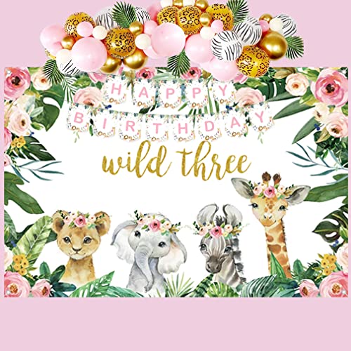 Safari Wild Drie achtergrond Safari Dier 3e Verjaardag Party Backdrop Jungle Meisje 3e Verjaardag Party Decoratie Fotografie Achtergrond Verjaardag Poster, 150cm x 90cm 3