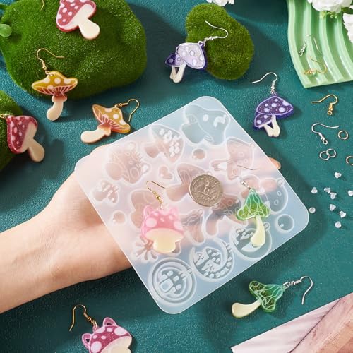 Paddestoel Hangers Siliconen mallen Plant Hars mallen met oorbellen haken Jump Rings oornoten voor het gieten van UV Epoxy Hars sieraden maken sleutelhanger ambacht 5