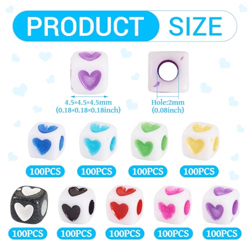 900 stuks Kubus met hart acryl Kralen Vierkante Spacer Kralen met Hart patronen 9 Kleuren Opaque acryl ambachten Kralen Bulk voor DIY armband ketting Enkelband sieraden maken 3