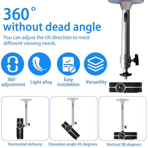 2 x Plafondsteunen, Projector, Aluminiumlegering, Projectorhouder, 180 mm Projector, Plafondhaak, 360° Verstelbaar, met schroeven en uitbreidingsbuis, voor projectoren en bewakingscamera's 4