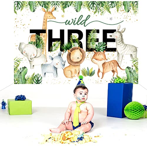 Safari Wild Drie achtergrond Tekenfilm Safari Dier Derde Verjaardag Partij Backdrop Jungle Jongen of Meisje 3e Verjaardag Partij Decoratie Fotografie Achtergrond Verjaardag Poster, 150cm x 90cm 5