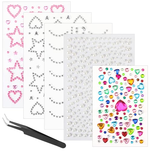 5 vellen zichtsstenen, zichtsstenen, strassteentjes, parelstickers, hart, ster, maan, vorm, haarsieraad met pincet voor make-up, lichaam, haardecoratie, festival en knutselen