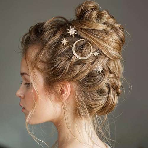 Pack of 6 Star Metal Hair Clips Accessoires, Dames Star Moon Hair Accessoires met Rhinestones, Hairpins voor Bruid en bruiloften, Hair Accessoires voor vrouwen en meisjes(Gold) 3