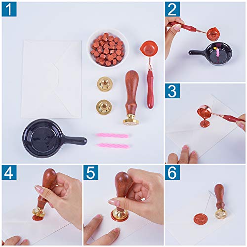 Waszegelstempelset, 6 stuks Retro koperen kop & 1 houten handvat & 1 wassmeltende lepel voor enveloppen, uitnodigingen, bruiloft, decoratie, geschenk, decoratie 4