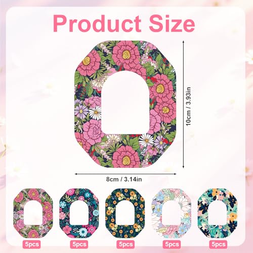 25 st. Zelfklevende Patches voor Omnipod 5, Floral Afdrukken Waterdichte Insuline Sensor Covers CGM Overpatches Tape Stickers Ademend en Sweatproof (Octagonal)