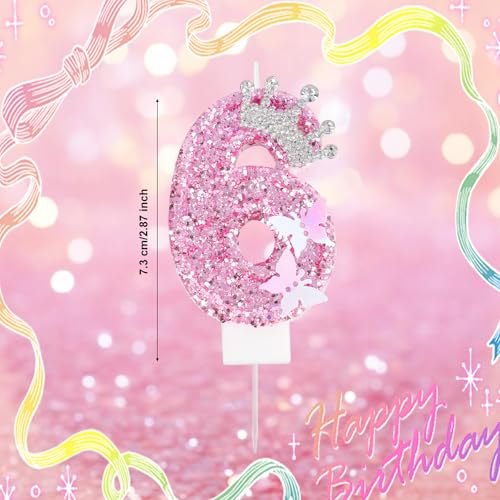 Roze Verjaardagskaarten met Cijfer, Glitterkroon Vlinder Sprankelend Pailletten Taartopper Decoraties voor Verjaardagsfeestjes Bruiloften Jubileums Vieringen (Cijfer 6)