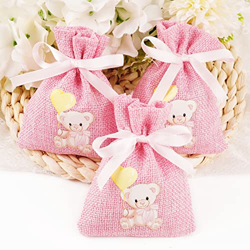 Pak van 24 Tassen voor Dragee Jute Cadeautassen Doop 8 x 10 cm Canvas Hennep koord tas Baby douche met Motif Little Bear Sieraden Bag sieraden Snoepchocolade Parels