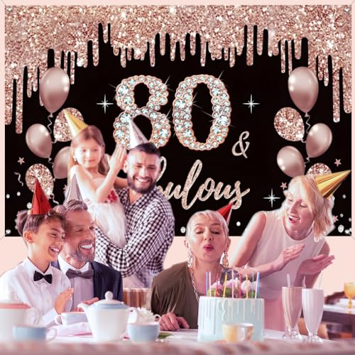 80e verjaardag decoratie voor vrouwen, 80e verjaardag decoratie zwart en rose goud glitter vlekken stof teken poster 80e verjaardag achtergrond banner vrouw 80e verjaardag feest decoratie 5